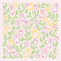 Doodle hand drawing. Cute bunnies, tulips, twigs with leaves. Background.Vector illustration