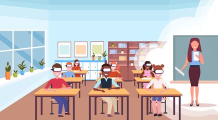mix race pupils sitting desks wearing digital glasses virtual reality woman teacher reading book headset vision education concept modern school classroom interior horizontal flat