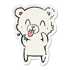 distressed sticker of a rude cartoon polar bear sticking out tongue