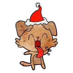 textured cartoon of a panting dog wearing santa hat