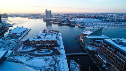 An aerial view of Baltimore, Maryland on a cold, snow covered morning in December.