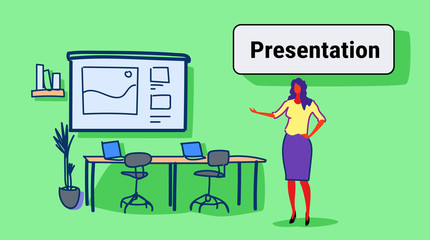 businesswoman presenting financial statistic graph training presentation concept workplace office interior conference meeting sketch doodle horizontal banner