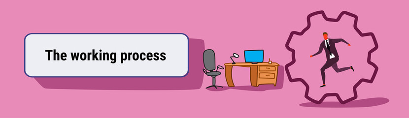 businessman running cog wheel deadline working process concept business man inside corporate gearwheel workplace office interior sketch doodle horizontal banner