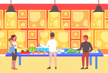 people tourists choosing dishes from table business catering and tourism concept modern hotel restaurant interior full length horizontal