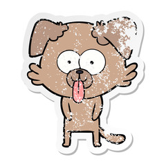 distressed sticker of a cartoon dog with tongue sticking out