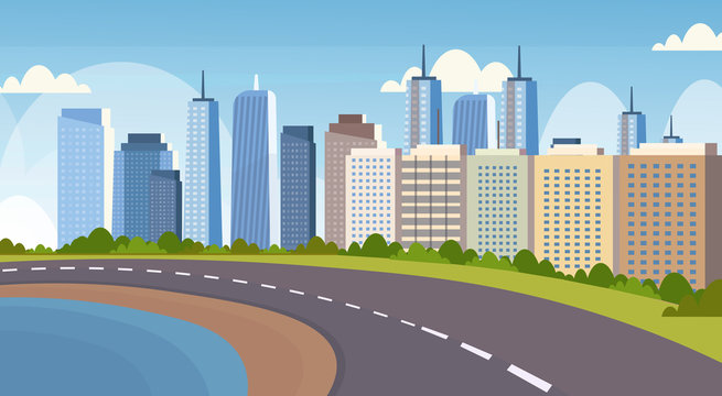 asphalt highway road between river and beautiful city panorama high skyscrapers cityscape background skyline flat horizontal banner
