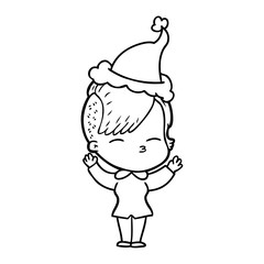 line drawing of a squinting girl wearing santa hat