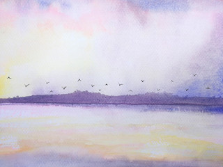 watercolor sea and mountain landscape pink sunset and birds flying in the sky.