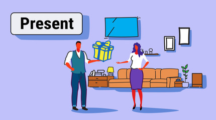 man giving surprise box present to woman holiday celebration concept happy couple in love modern apartment living room interior sketch doodle horizontal full length