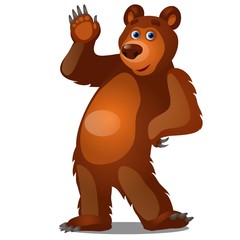 Cute brown bear waving his paw isolated on white background. Vector cartoon close-up illustration.