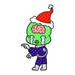 comic book style illustration of a big brain alien crying and pointing wearing santa hat
