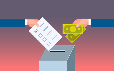 voter putting paper ballot list in box selling vote hand giving money during voting election corruption concept flat horizontal