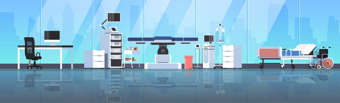 Hospital Operating Table Clean Medical Surgery Room Modern Equipment Clinic Interior Medical Worker Doctor Workplace Glass Wall Cityscape Background Horizontal Flat