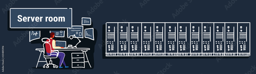 Poster man sitting workplace desk working in data center room hosting server computer monitoring concept in
