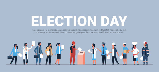 election day concept different occupations voters casting ballots at polling place during voting mix race people putting paper ballot in box full length flat horizontal copy space