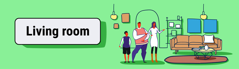 happy family husband wife and son standing together modern living room interior woman showing hand new apartment house sketch doodle horizontal banner full length