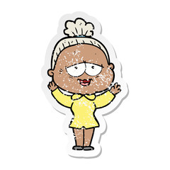 distressed sticker of a cartoon happy old lady