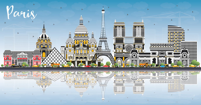 Paris France City Skyline with Color Buildings, Blue Sky and Reflections.