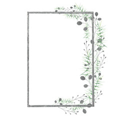 Watercolor frame with silver, green, purple, violet leaves and branches on a white background. Ideal for cards and invitations.