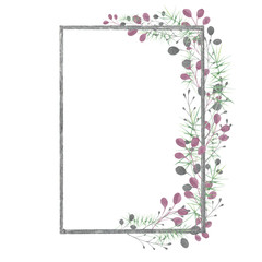 Watercolor frame with silver, green, purple, violet leaves and branches on a white background. Ideal for cards and invitations.