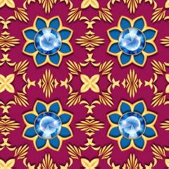 Golden oriental seamless pattern with blue gems