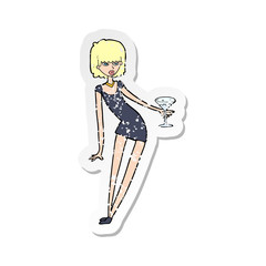 retro distressed sticker of a cartoon woman with cocktail
