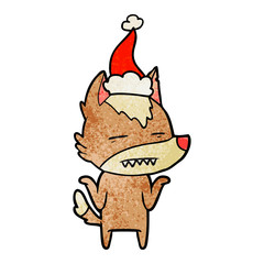 textured cartoon of a wolf showing teeth wearing santa hat
