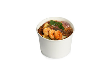 fastfood style assam laksa and prawns, malaysia famous noodle with white background