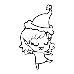happy line drawing of a elf girl wearing santa hat