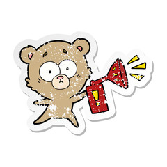 distressed sticker of a anxious bear cartoon with air horn