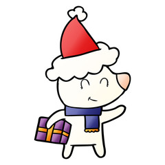 female polar bear with christmas present wearing santa hat
