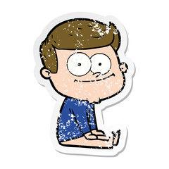 distressed sticker of a cartoon happy man sitting