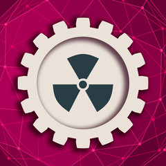 Nuclear danger sign. Molecule And Communication Background. Connected lines with dots. White gear with shadows.