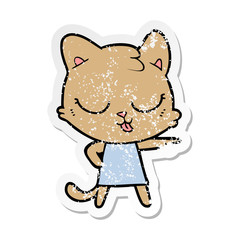 distressed sticker of a cartoon cat pointing