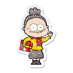 distressed sticker of a cartoon happy old woman