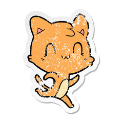 distressed sticker of a cartoon happy cat