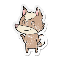 distressed sticker of a friendly cartoon wolf