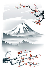 Fuji Mountain Sakura branches. Vector imitation of Japanese painting Sumi-E. Illustration, EPS-10.