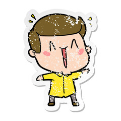 distressed sticker of a cartoon happy man