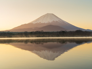 精進湖湖畔からの夜明けの富士山
