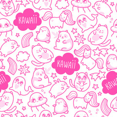 Materiał do szycia Kawaii cute seamless pattern with super cute animals and elements . Vector outline llustration.