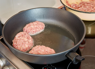 At home, in the kitchen, roasting in a hot pan on an electric stove meatball patties made from pork and beef. cooking at home