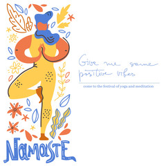 Yoga vector lettering. Namaste. Man in tree asana. Flat minimalist style.