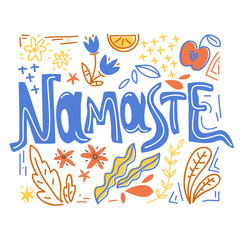 Yoga vector lettering. Namaste. Flowers and plants.  Flat minimalist style.