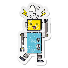 distressed sticker of a cute cartoon robot malfunction