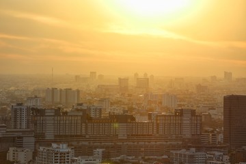 Beautiful landscape view of Bangkok City at dawn time with pollution from PM2.5 
