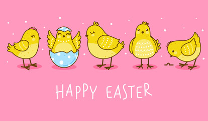 Easter greeting card with cute chickens