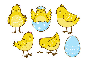 Set of Easter cute chickens isolated on white background