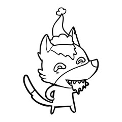 line drawing of a hungry wolf wearing santa hat