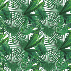 Tropical green exotic leaves seamless white background